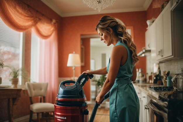 Фотография женщины, убирающей дом с помощью пылесоса