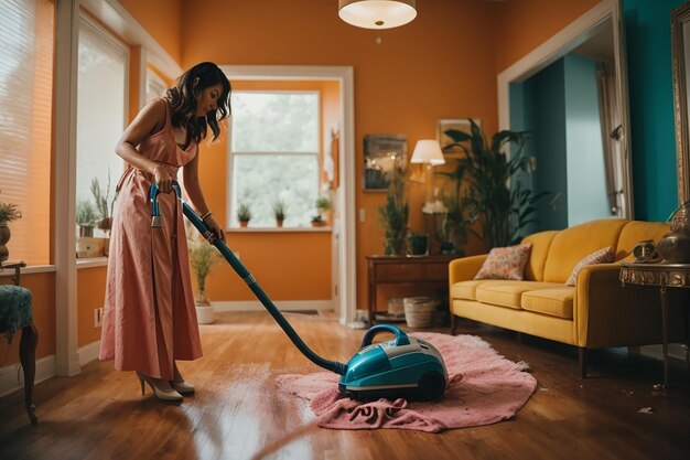 Picture of woman cleaning house using vacuum