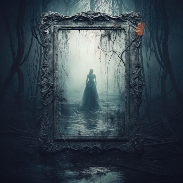 어두운 숲 속 의 한 여자 의 그림 과 배경 에 있는 무서운 유령