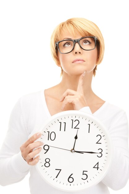 picture of woman holding big clock over white