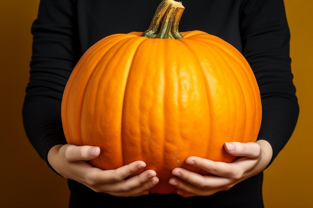 A picture of a woman holding a bright orange pumpkin