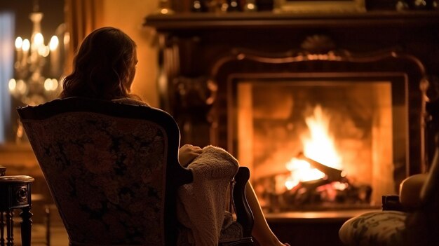 Picture of a woman sitting by a fireplacexA