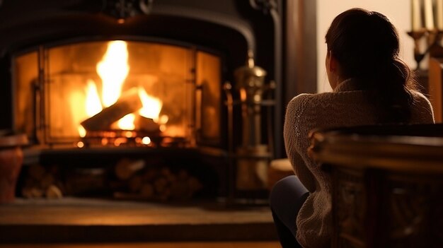 Picture of a woman sitting by a fireplacexA