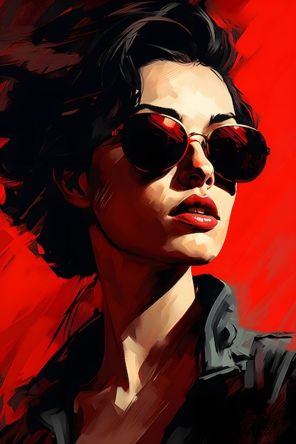 A picture of a woman in sunglasses with a red bg ai generated