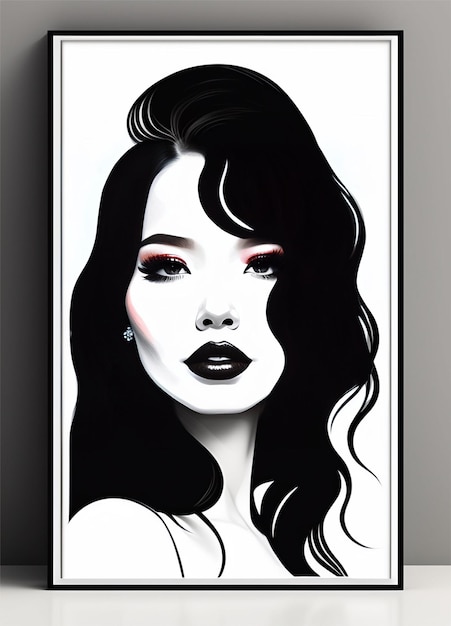 A picture of a woman with black hair and a red lipstick.