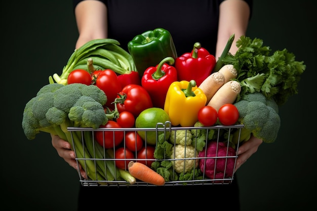 A picture of a woman with a cart of fresh fruits and vegetables