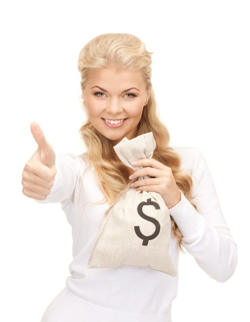 picture of woman with dollar signed bag