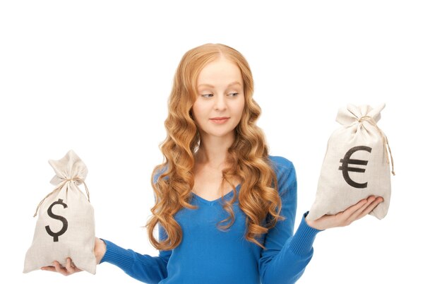 picture of woman with euro and dollar bags