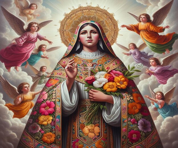 a picture of a woman with flowers and the word jesus