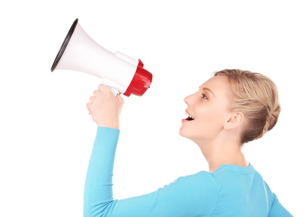 picture of woman with megaphone over white