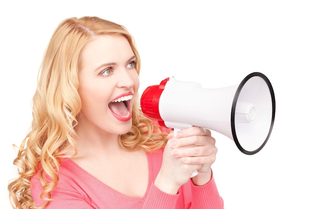 picture of woman with megaphone over white