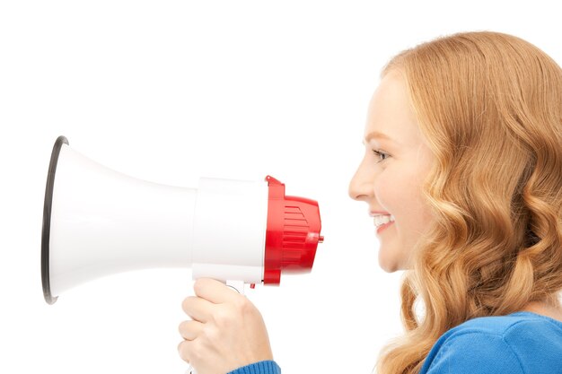 picture of woman with megaphone over white