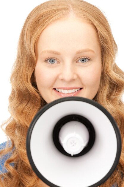 picture of woman with megaphone over white