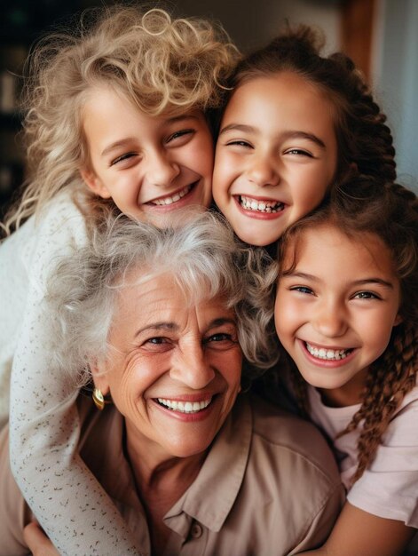 a picture of a woman with two girls and a woman smiling