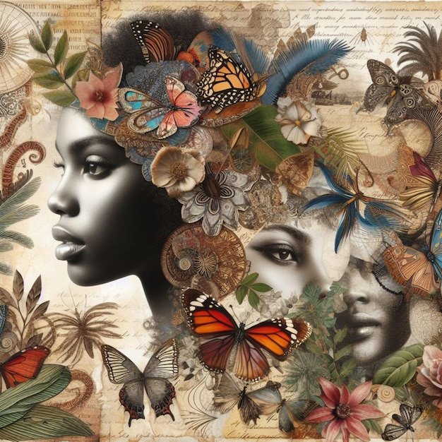 Photo a picture of a womans face and butterflies