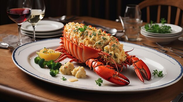 Picture a wooden table as the canvas for a Lobster Thermidor masterpiece the dishs details from th