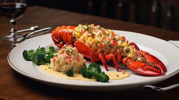 Picture a wooden table as the canvas for a Lobster Thermidor masterpiece the dishs details from th