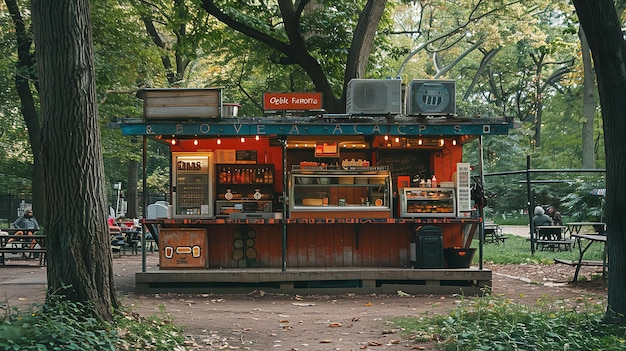 樹木のある公園で木製の組みとキャニスターベースの食品販売店の写真