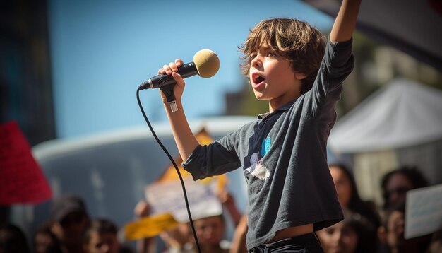 Photo a picture of a young activist giving a speech at a rally for educational reform