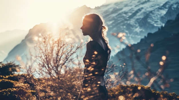 太陽の下でリラックスするために立っている若いまたは成人の女性の人間の写真 aigx