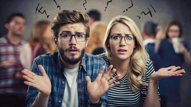 Picture of young bearded man and blonde woman both wearing glasses standing and expressing indignat