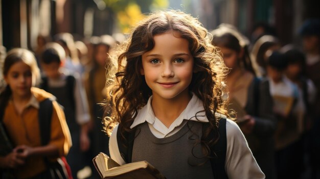 Picture of young girl going to school with books in hands on blurred background
