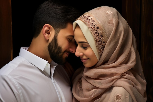 Photo picture of young wealthy middle eastern couple hugging love story generative ai