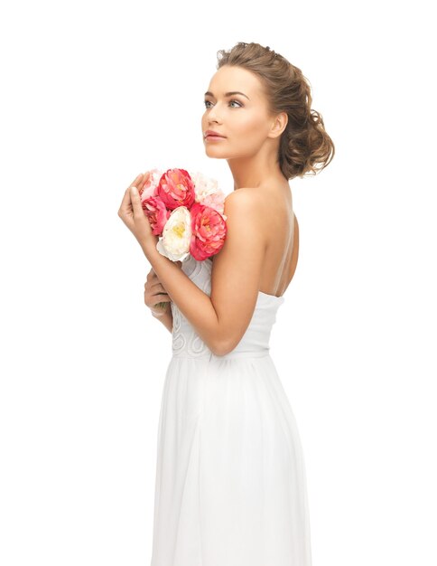 picture of young woman with bouquet of flowers.