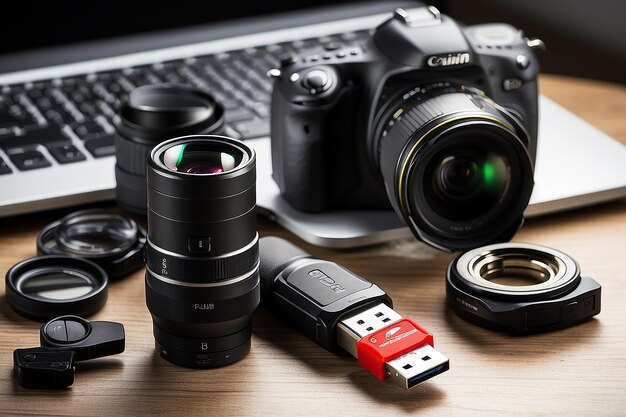 Foto immagini dalla tua flash drive un computer circondato da lenti di fotocamere professionali flash drive portatili