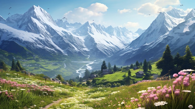 Photo a picturesque alps view with flowering flowers