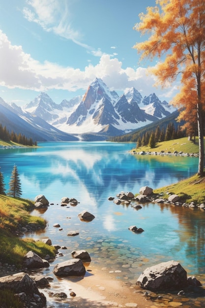 A picturesque artwork depicting a tranquil mountain lake nestled amidst trees and rocks