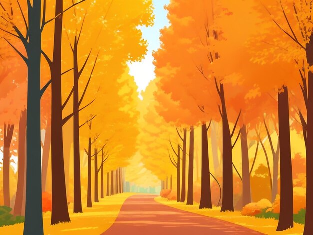 A picturesque autumn alley with towering lush trees