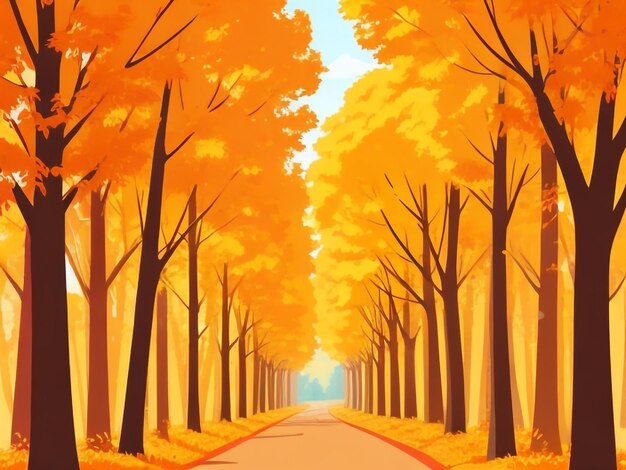 A picturesque autumn alley with towering lush trees