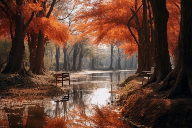 Tianwei Township의 Swamp Park에서 그림 같은 가을날 생생한 색상으로 대머리 사이프러스 나무를 칠하다