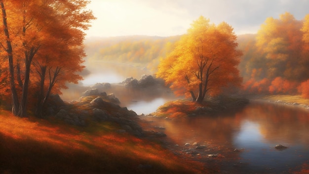 暖色系の川岸の木々や茂みのある美しい秋の風景 AI 世代