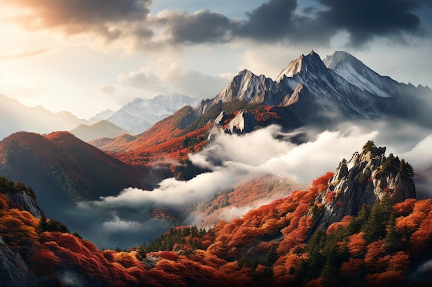 Живописные осенние горы с красным буковым лесом Генеративный искусственный интеллект
