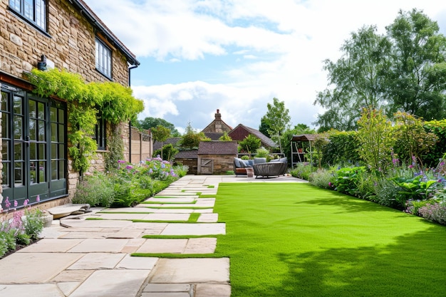 Picturesque Back Garden Featuring Artificial Grass Paving Slab Patio Flower Bed And Charming Outb