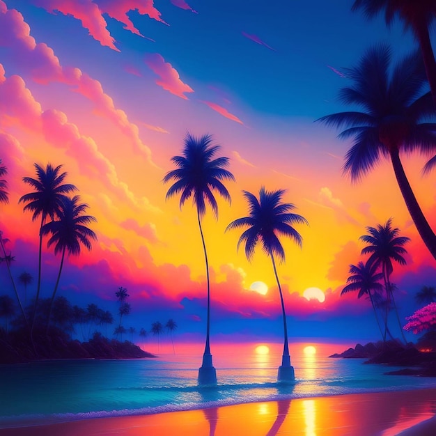 夕暮れ の 絵画 の 中 で パーム の 木 が 植え られ て いる 美しい ビーチ の 景色