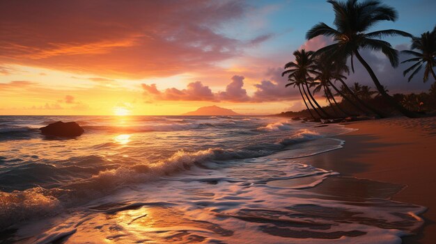 Photo a picturesque beach scene with gentle waves palm trees and a glowing sunset symbolizing relaxatio