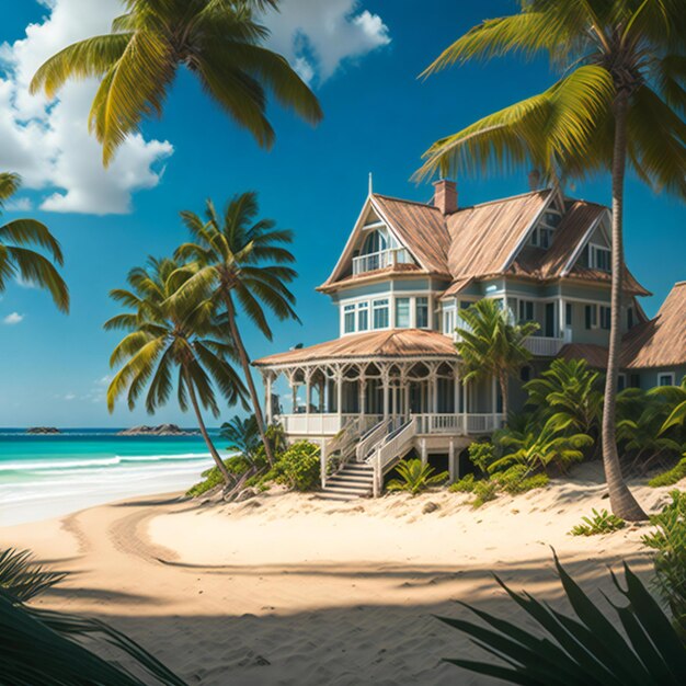 A picturesque beach scene with swaying palm trees and a charming house nestled among them