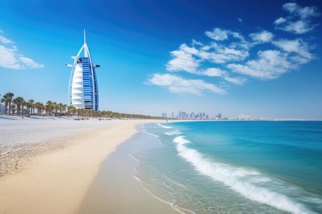 Photo a picturesque beach with a towering building in the distance creating a stunning urban and natural landscape view of the luxury beach of dubai and burj al arab ai generated