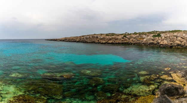 Foto la pittoresca laguna blu sulla costa del mare calmo.