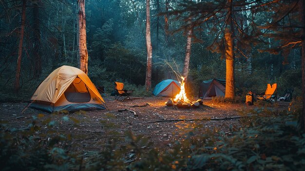 picturesque camping site in nature with tents and campfire professional photography