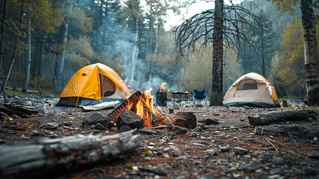 picturesque camping site in nature with tents and campfire professional photography