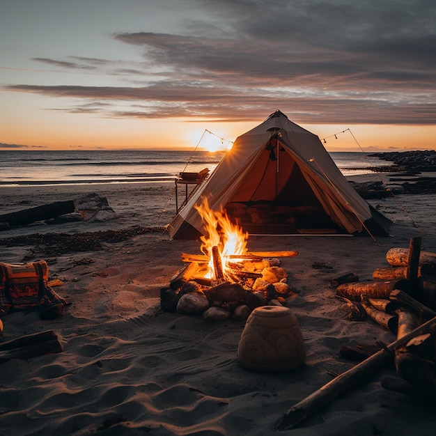 A picturesque camping site in nature with tents and campfire professional photography