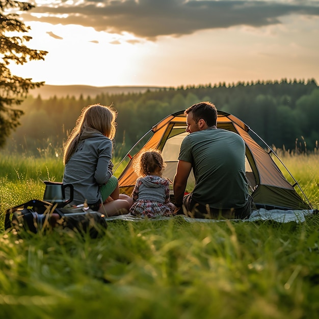 A picturesque camping site in nature with tents and campfire professional photography