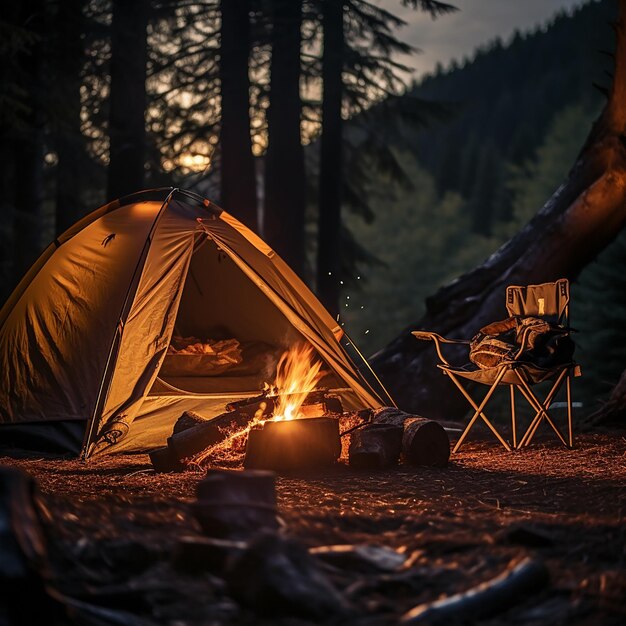 A picturesque camping site in nature with tents and campfire professional photography