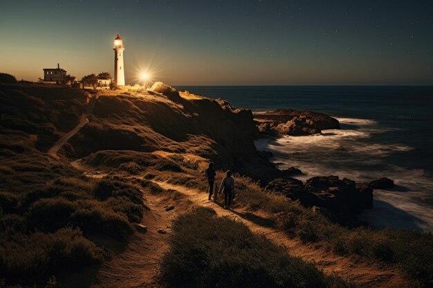 A picturesque coastal lighthouse on a sea cliff at night