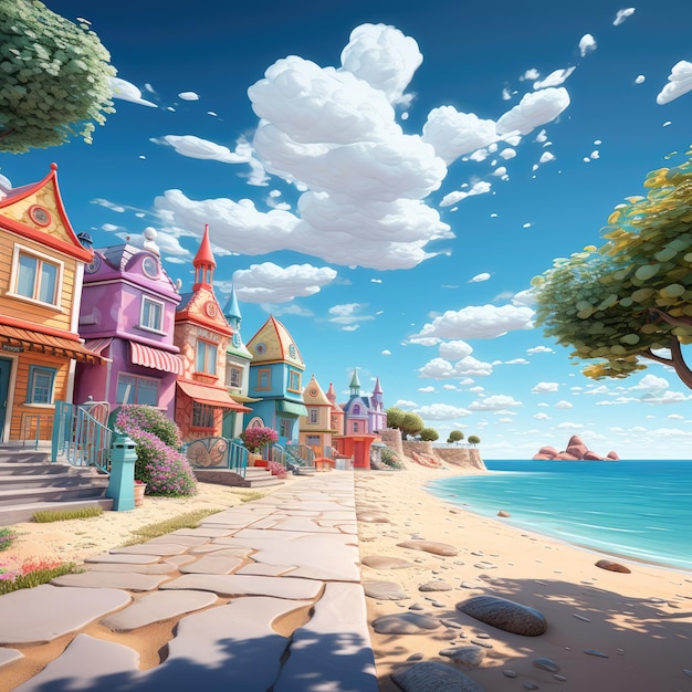 Живописный прибрежный город с красочными домами, песчаным пляжем и парусниками.