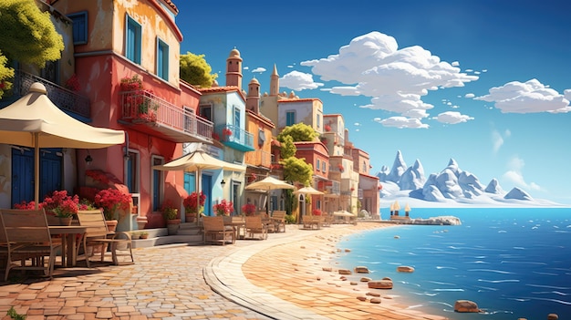 A picturesque coastal town with colorful houses a sandy beach and sailboats